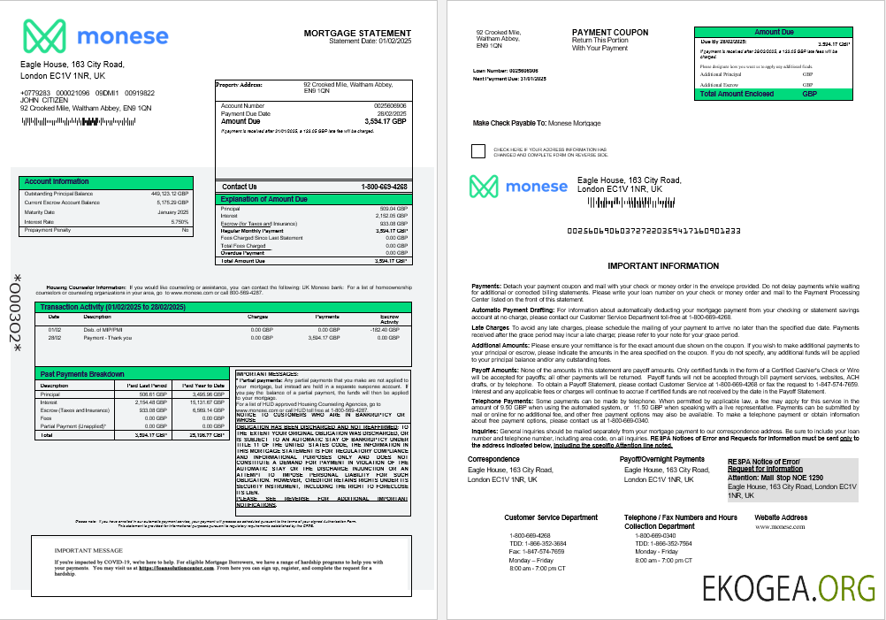 Royaume , Uni Relevé hypothécaire de la banque Monese aux formats Word et PDF 1 , 2